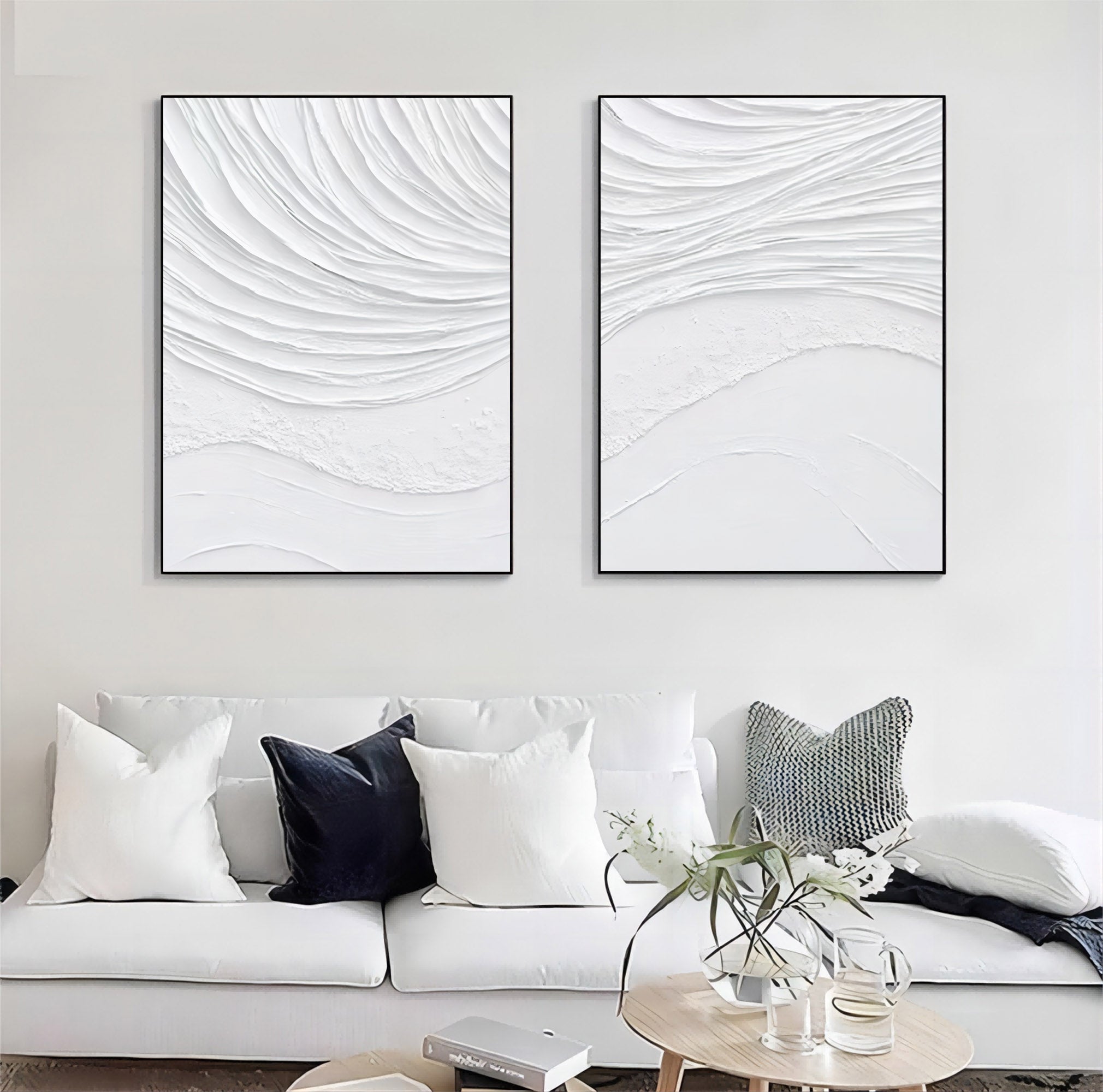 Large White 3D Abstract Art Textured Wall Art Plaster Wall Art Minimalist Canvas Painting Set of 2