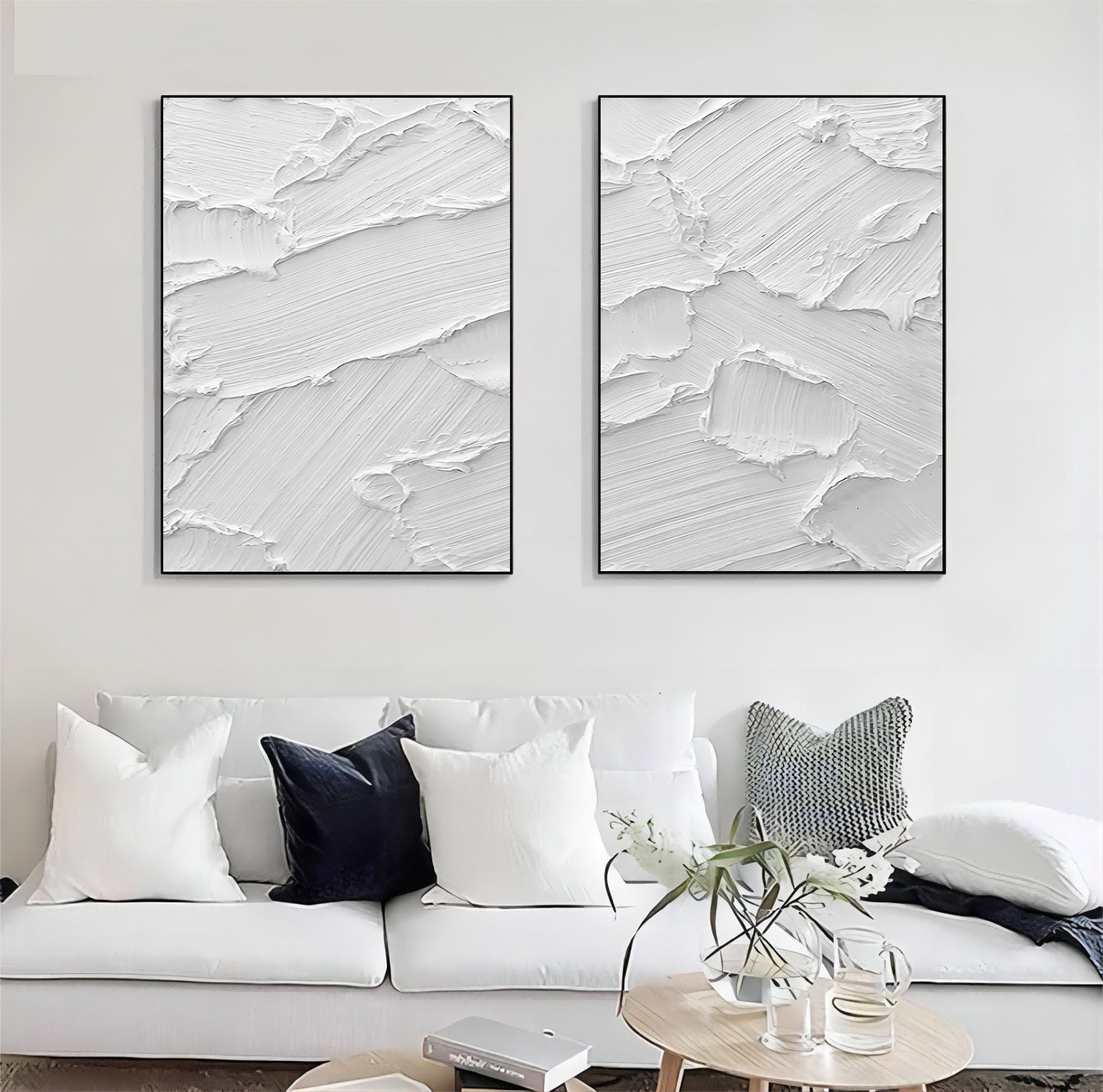 Large White 3D Abstract Art Textured Wall Art Plaster Wall Art Minimalist Canvas Paintings Set of 2