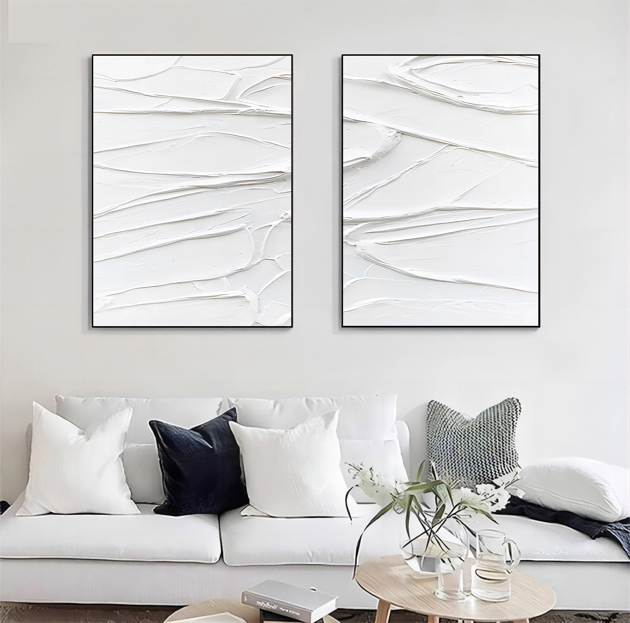 Large White 3D Abstract Art Textured Wall Art Plaster Wall Art Minimalist Canvas Painting Set of 2