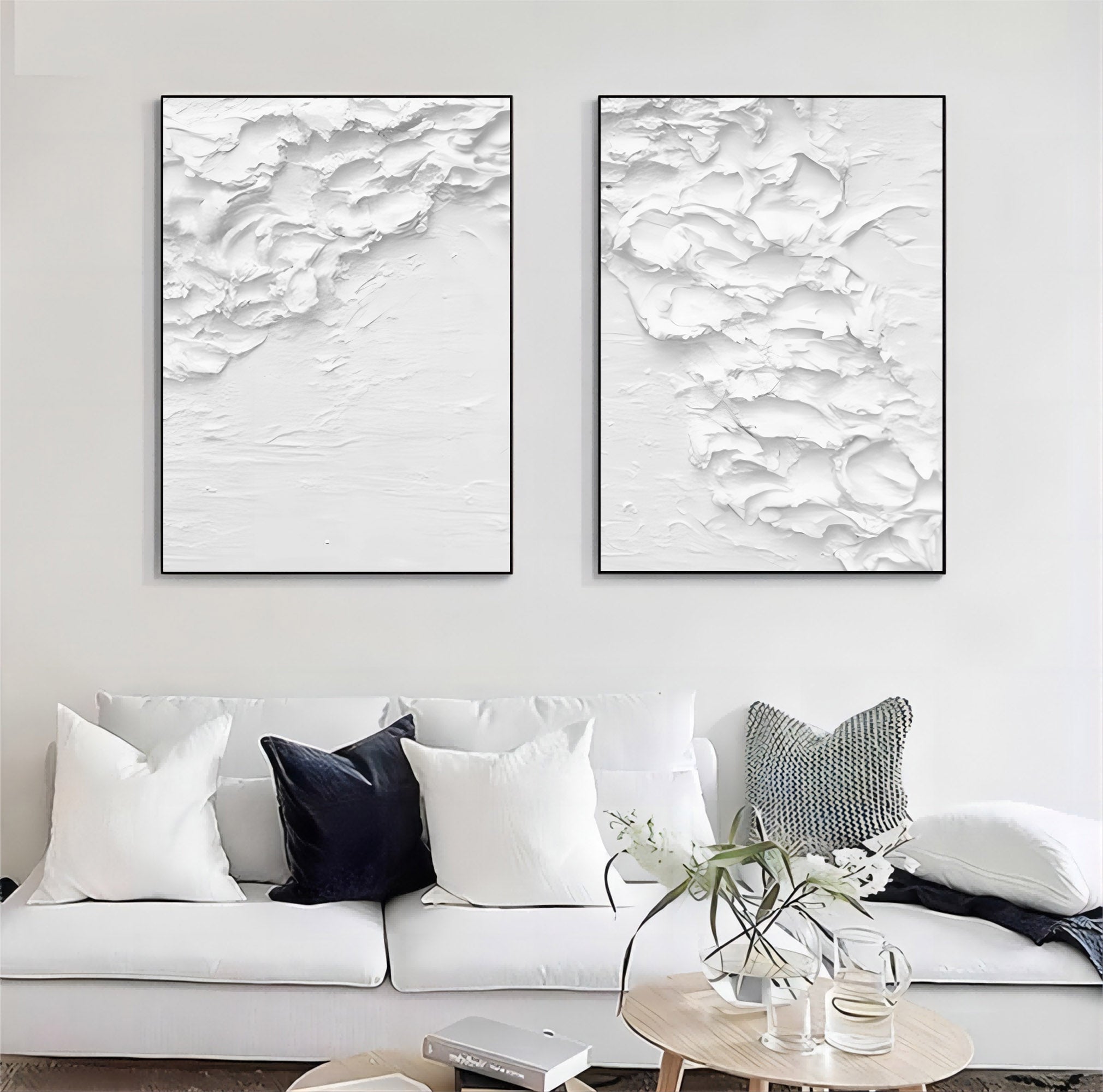 Large White 3D Abstract Art Textured Wall Art Plaster Wall Art Minimalist Canvas Painting Set of 2